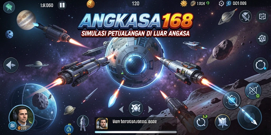 Tampilan gameplay yang mengesankan di ANGKASA168 dengan berbagai planet dan pesawat.