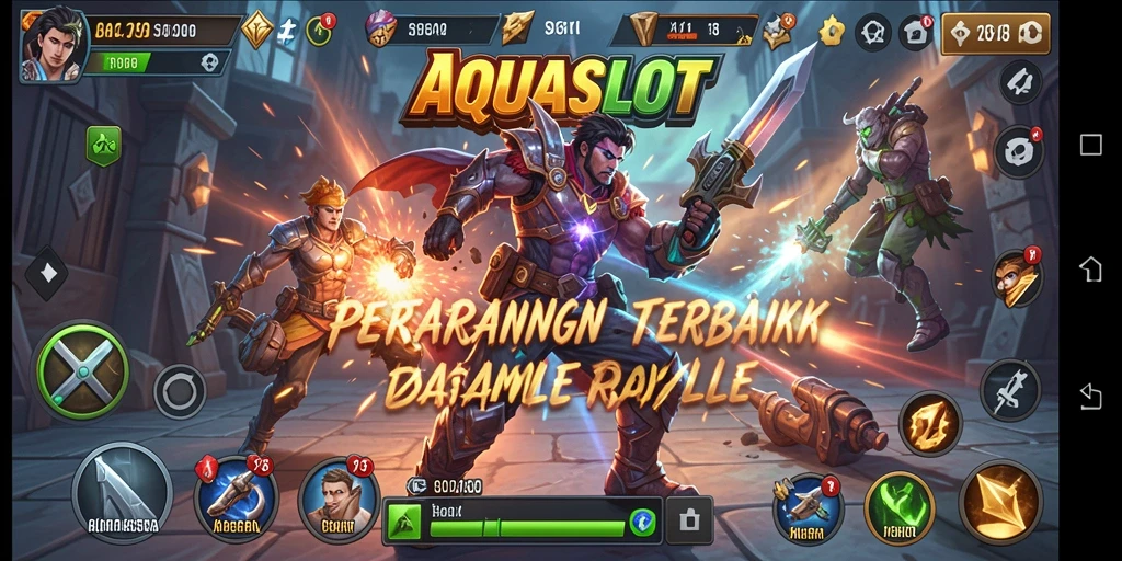 Tangkapan layar utama AQUASLOT menunjukkan pertempuran seru di arena Battle Royale.