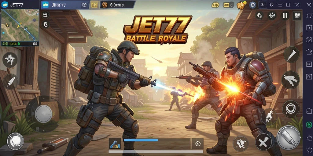 Tangkapan layar menampilkan gameplay penuh aksi dalam JET77.