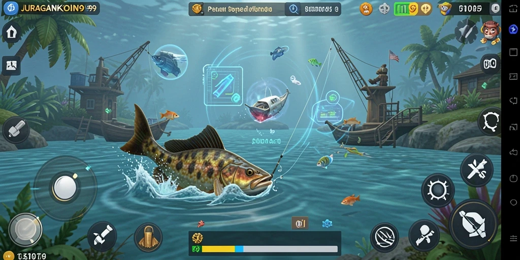Tampilan gameplay menakjubkan dalam JURAGANKOIN99 saat menangkap ikan.