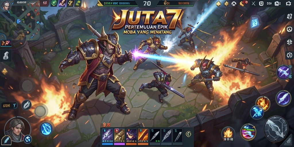 Tangkapan layar utama JUTA7 menunjukkan aksi pertempuran MOBA yang seru.
