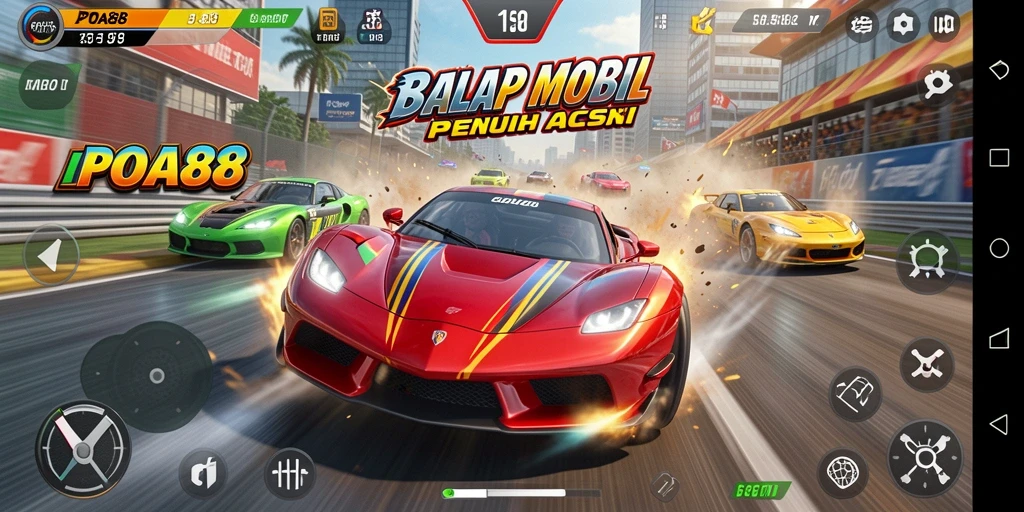 Screenshot gameplay memukau dalam balapan yang intens.
