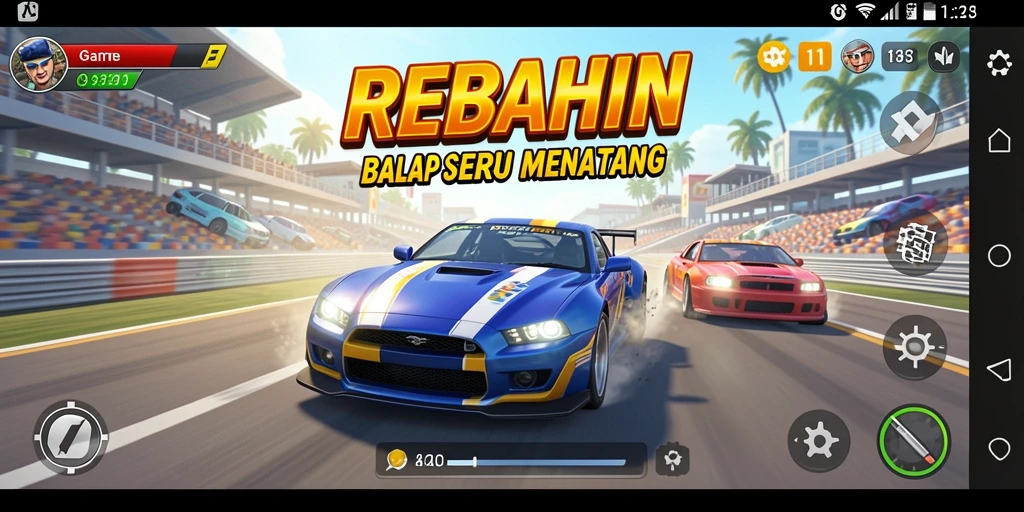 Tampilan gameplay menegangkan dari REBAHIN di trek balap.