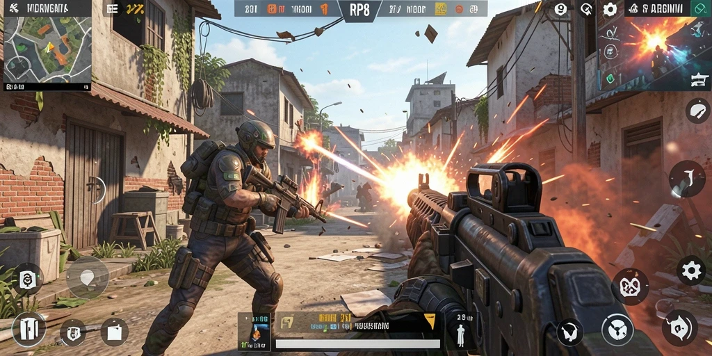 Screenshot utama RP8 dengan karakter yang beraksi dalam pertempuran FPS.